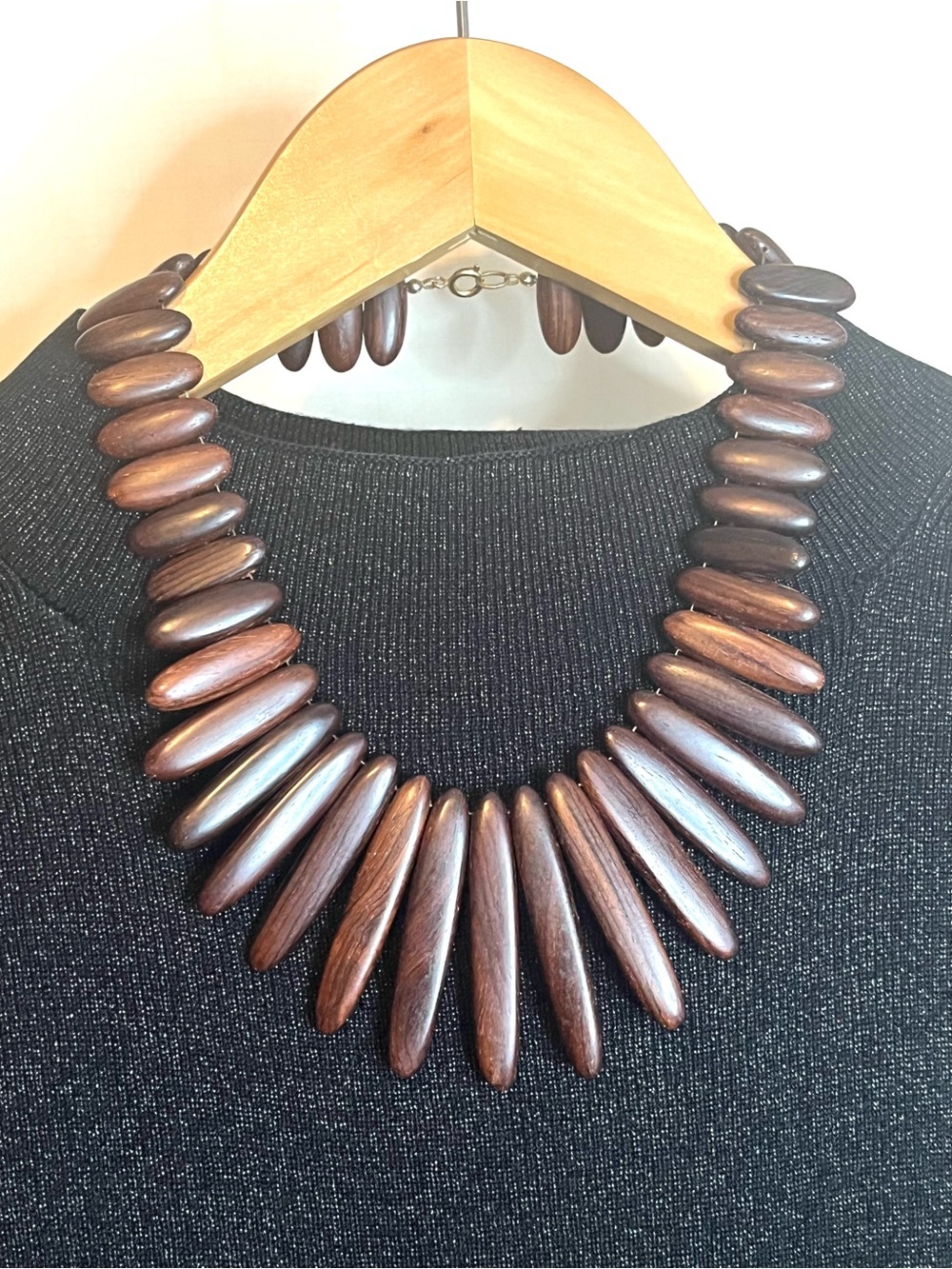 VTG 17” Dark Wood Graduated Bead Statement Spike Fringe Boho Necklace